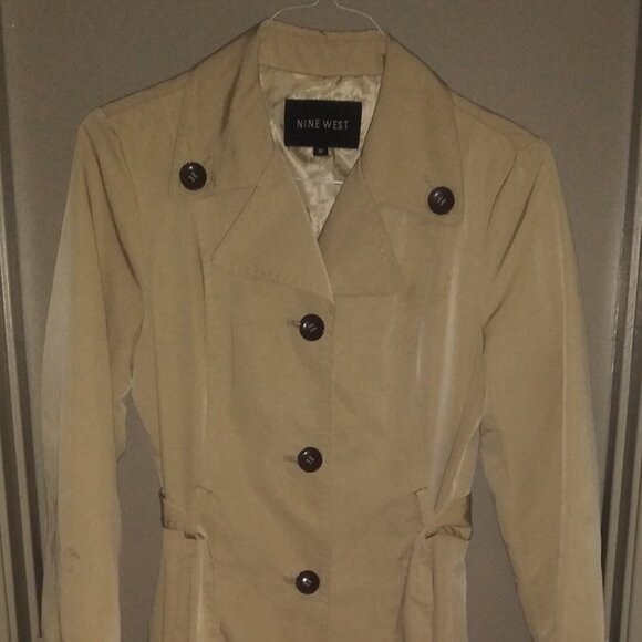 Nine West Rain Coat Belted Buttoned Side Pockets Light Tan Medium - Picture 2 of 6